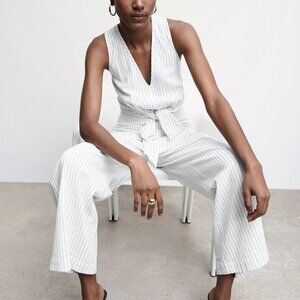Mango MNG Striped White Linen Sleeveless Jumpsuit Sz XS NWT